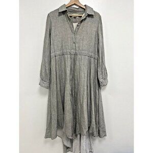 UNAYA Women High Low Crinkle Cotton Gray Dress Lond Sleeve Size Large Lagenlook